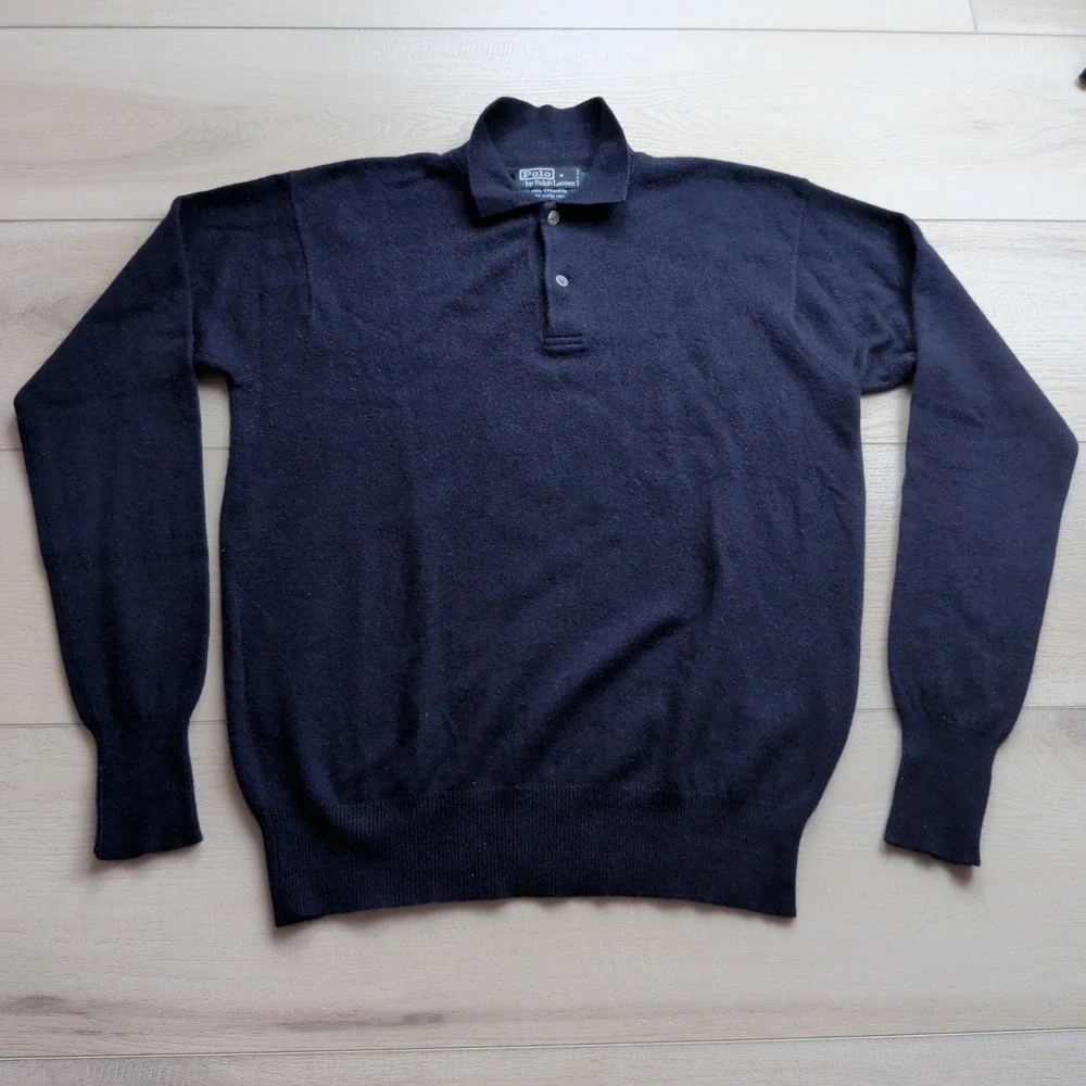 Vintage Polo Ralph Lauren Polo Shirt Mens M Navy Blue 100% Cashmere Long Sleeve